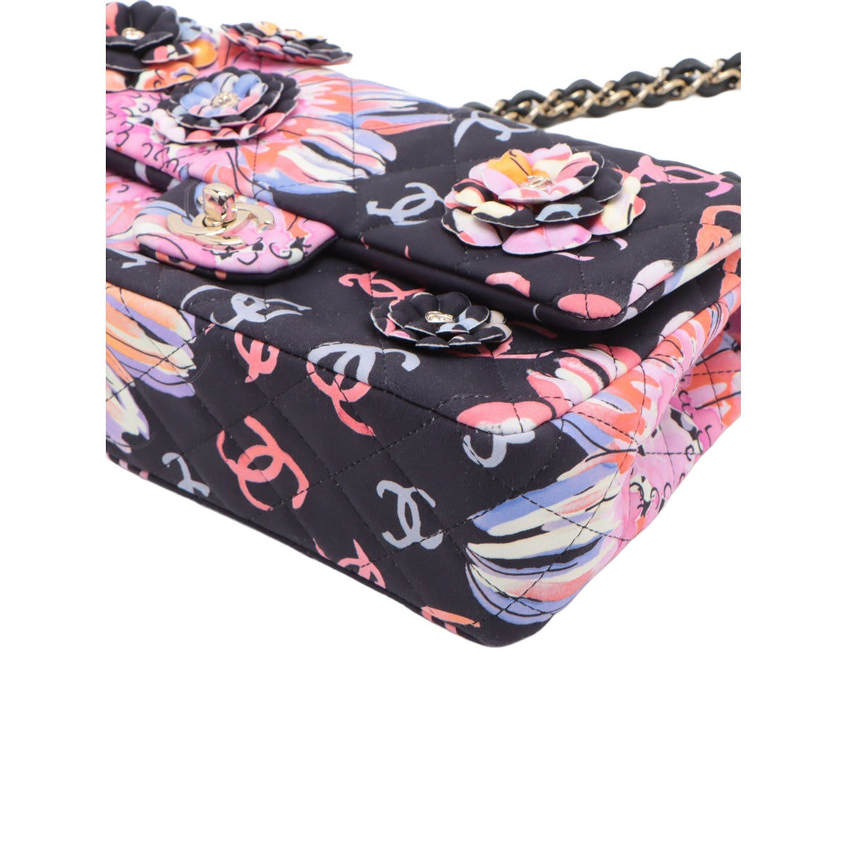 Chanel Medium Quilted Printed Jersey Camellia Applique Single Flap