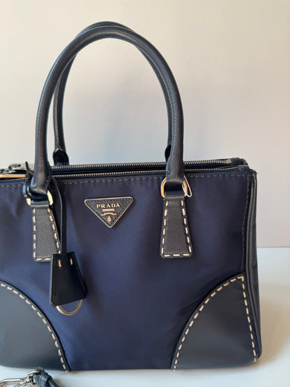 Prada Small Galleria double zip tessuto and city calf hand Stitched used bag