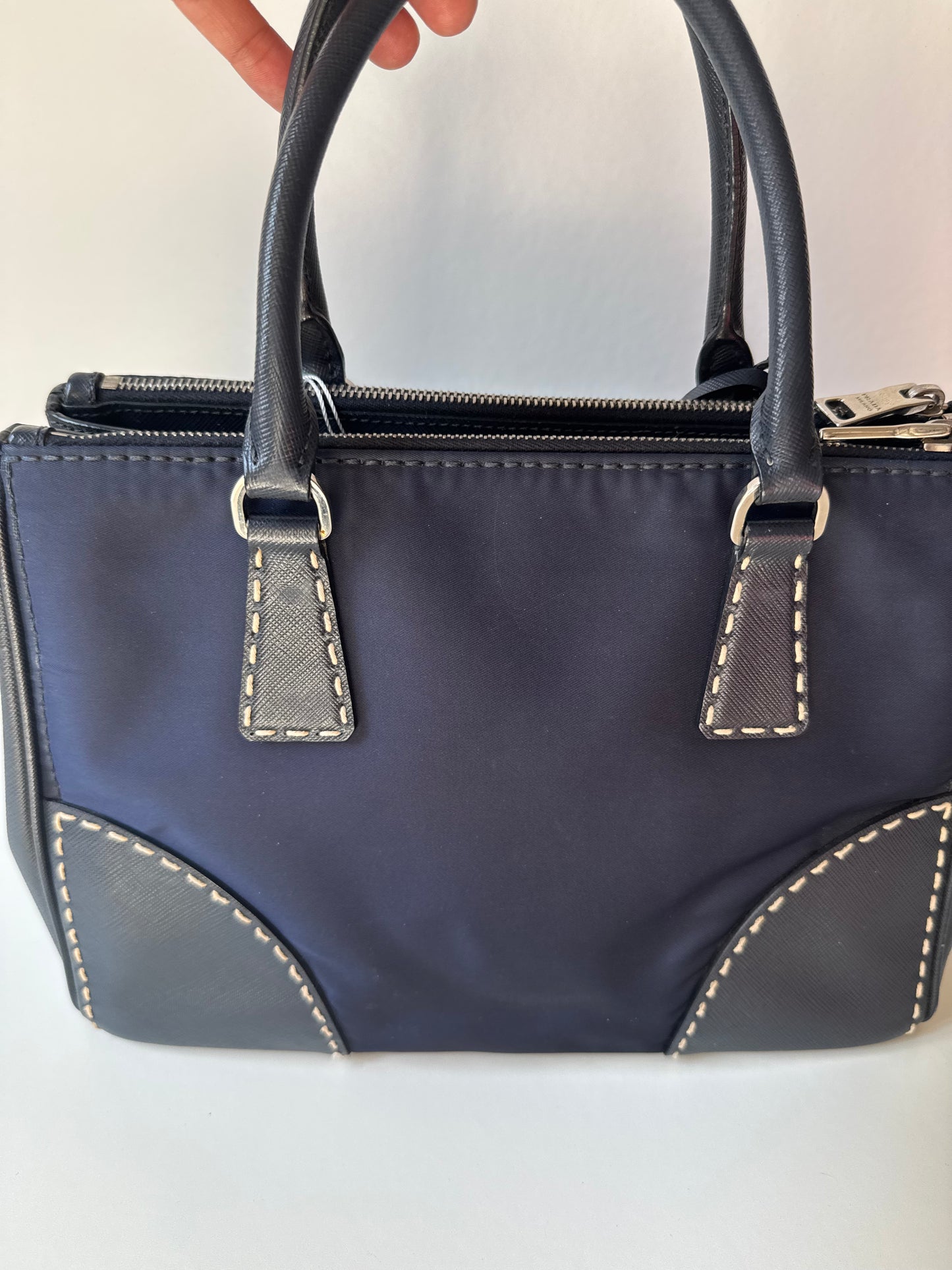 Prada Small Galleria double zip tessuto and city calf hand Stitched used bag