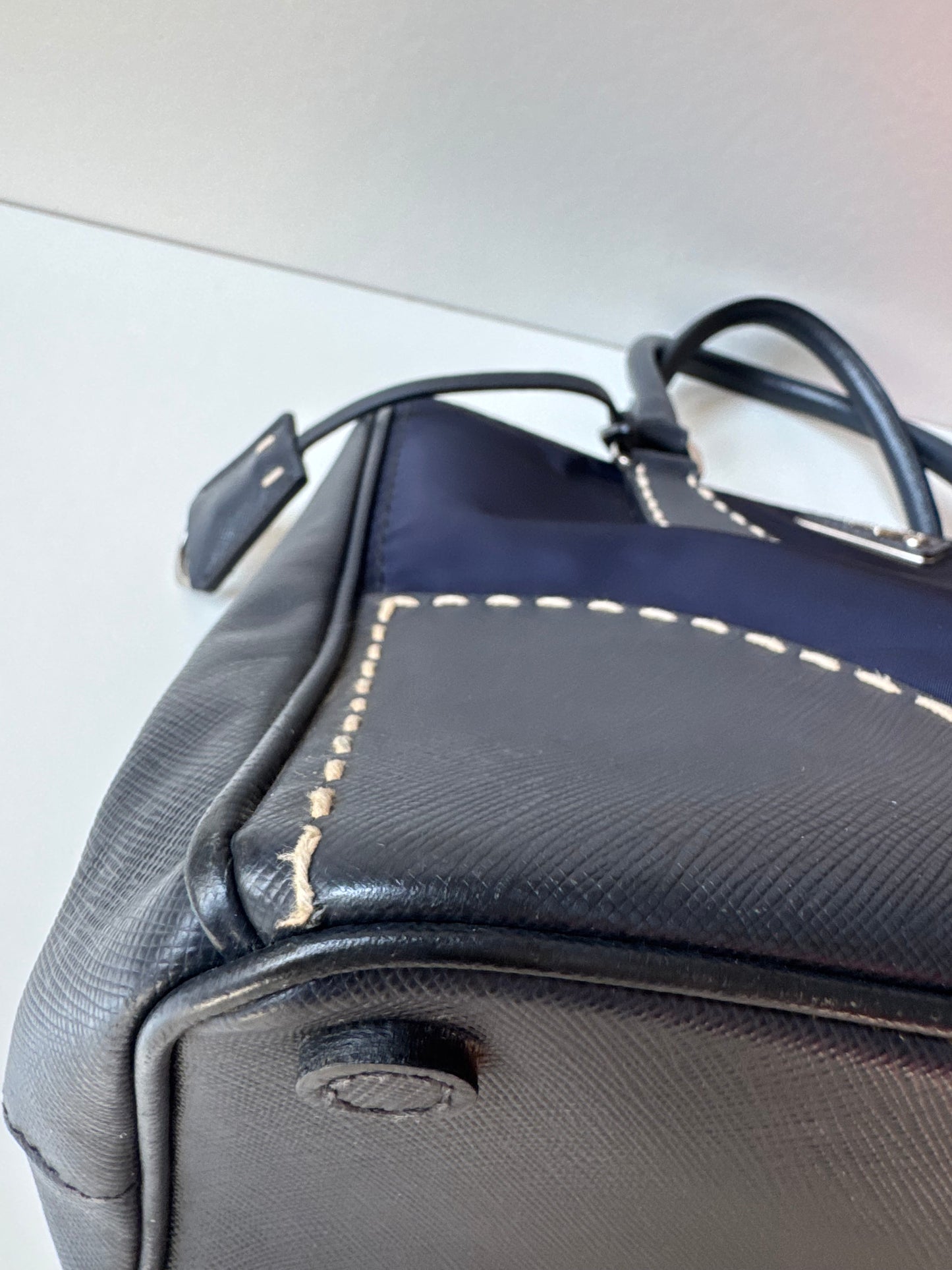 Prada Small Galleria double zip tessuto and city calf hand Stitched used bag