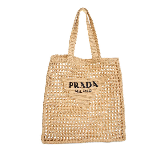 Prada Crochet Raffia Logo Tote