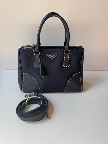 Prada Small Galleria double zip tessuto and city calf hand Stitched used bag