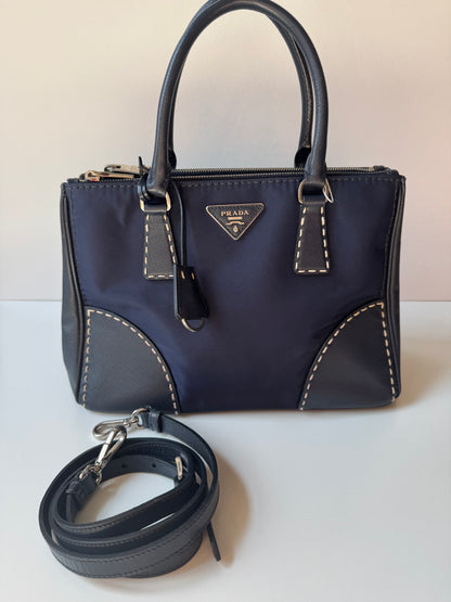 Prada Small Galleria double zip tessuto and city calf hand Stitched used bag