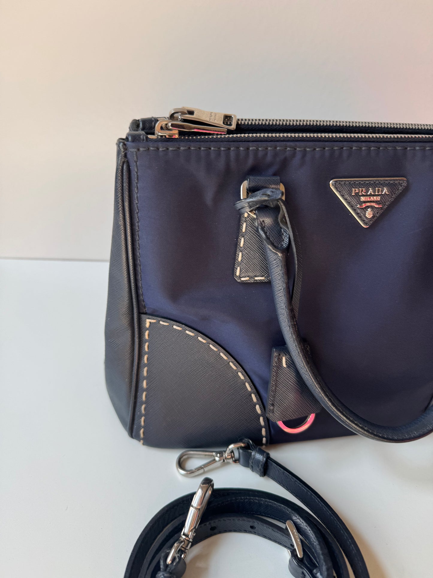 Prada Small Galleria double zip tessuto and city calf hand Stitched used bag