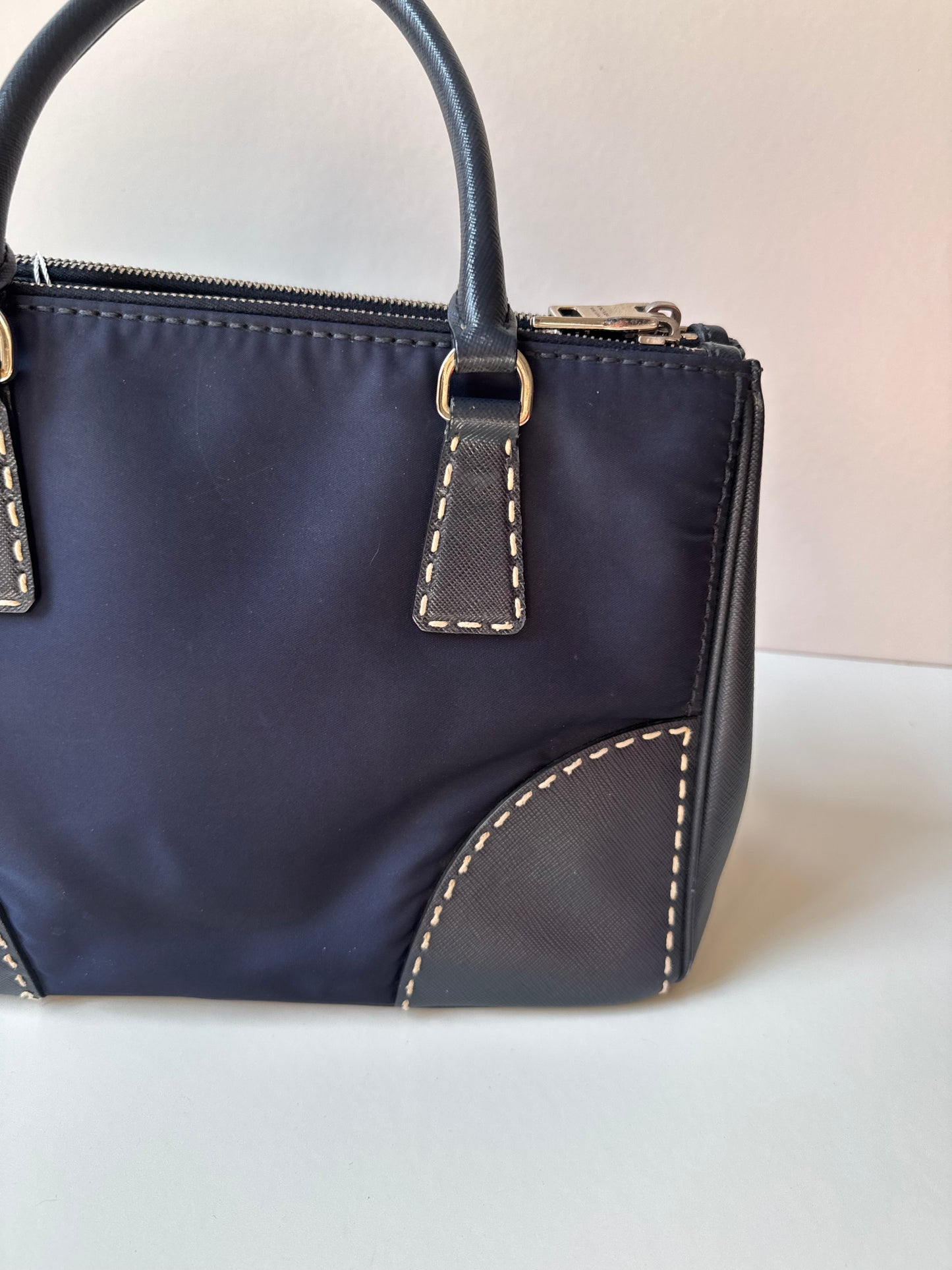 Prada Small Galleria double zip tessuto and city calf hand Stitched used bag