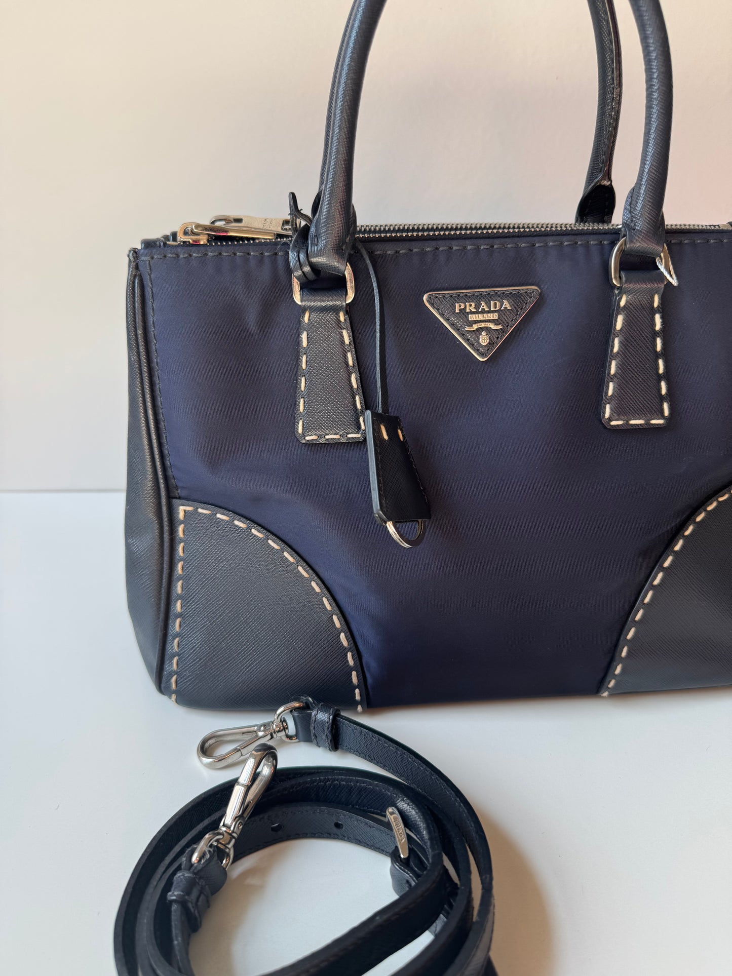 Prada Small Galleria double zip tessuto and city calf hand Stitched used bag