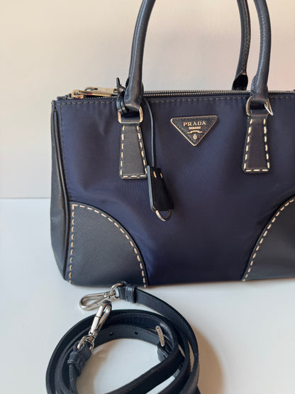 Prada Small Galleria double zip tessuto and city calf hand Stitched used bag