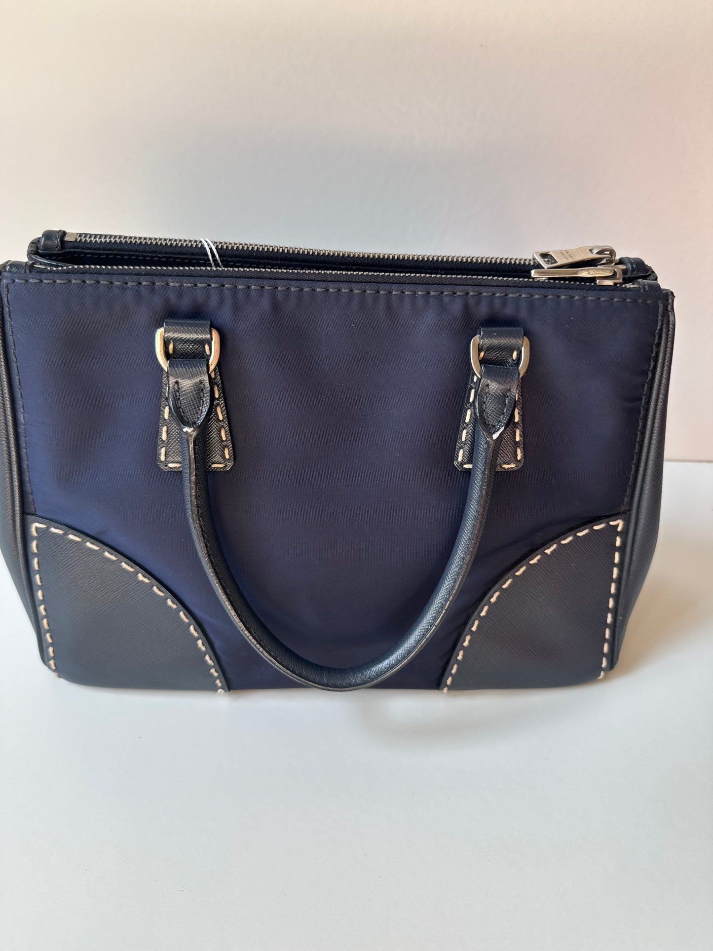 Prada Small Galleria double zip tessuto and city calf hand Stitched used bag