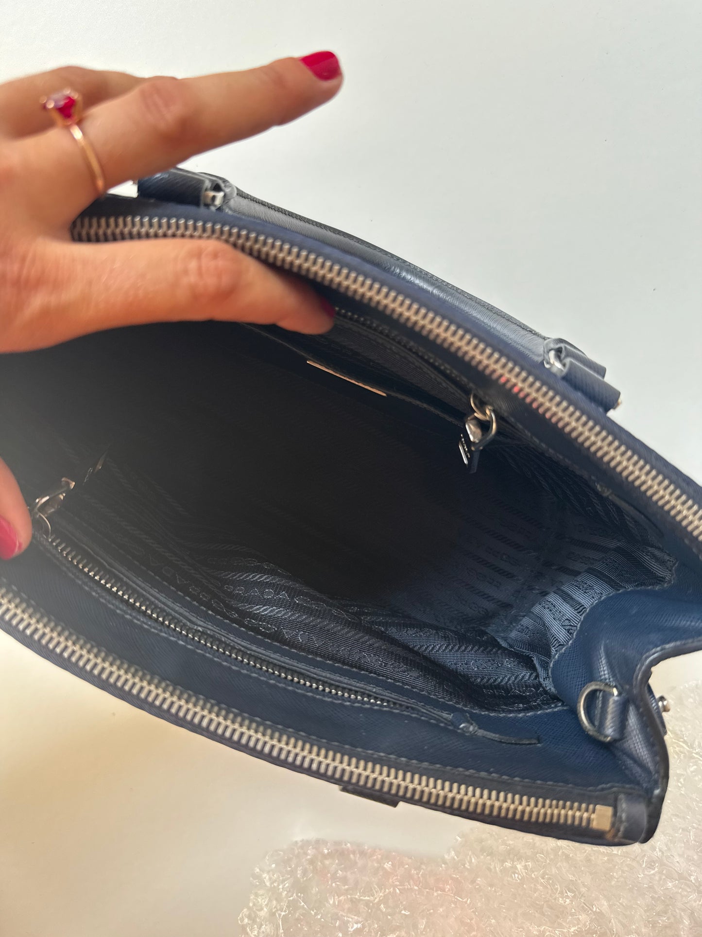 Prada Small Galleria double zip tessuto and city calf hand Stitched used bag