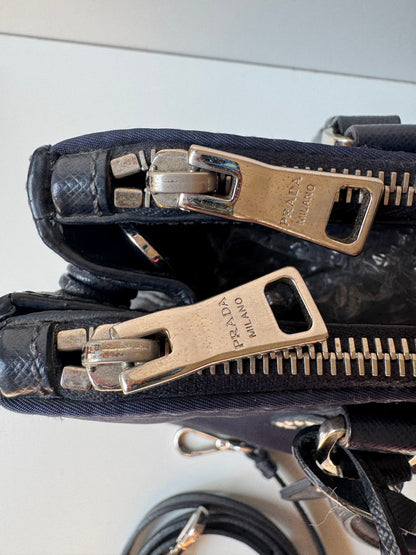 Prada Small Galleria double zip tessuto and city calf hand Stitched used bag