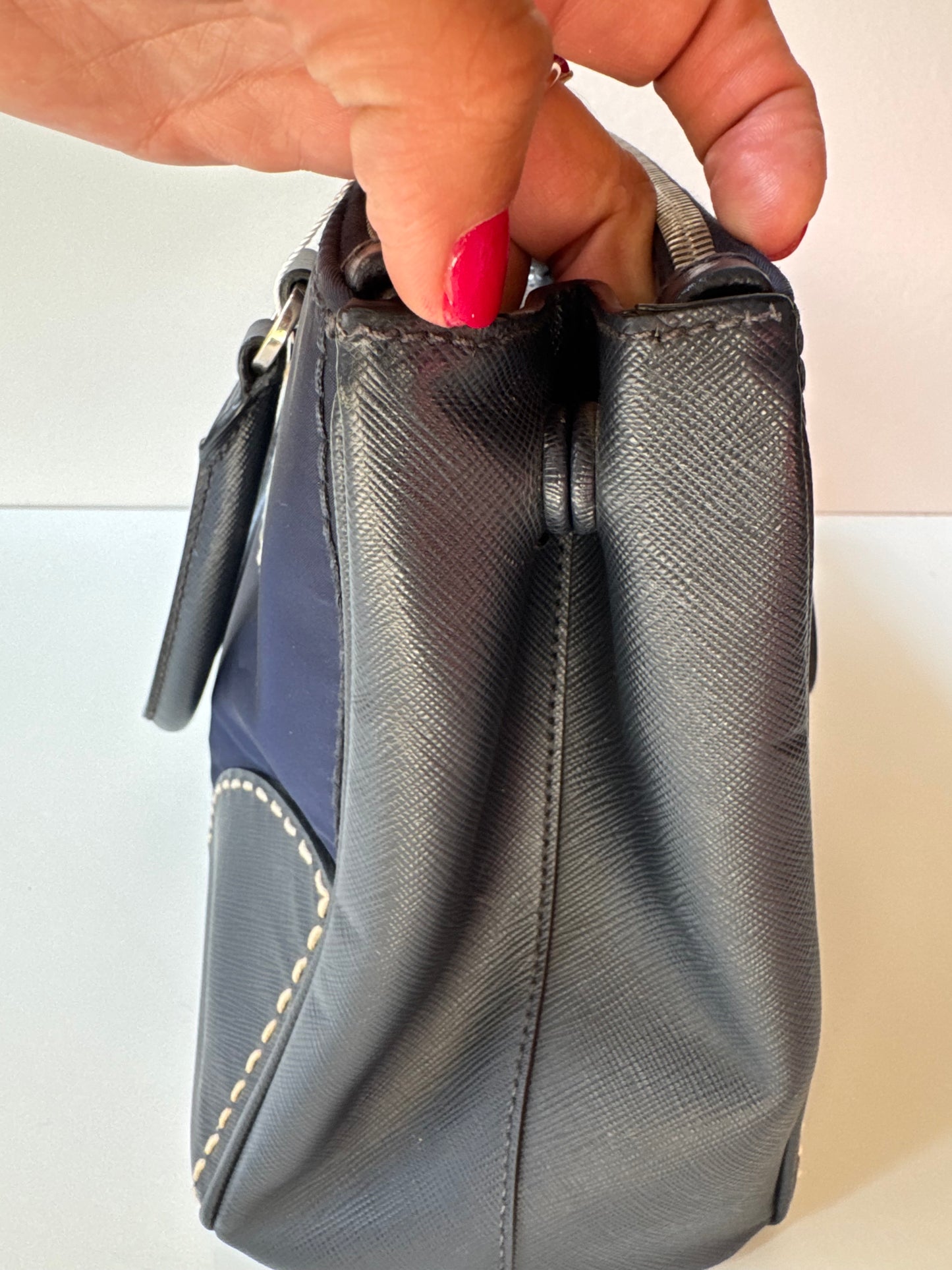 Prada Small Galleria double zip tessuto and city calf hand Stitched used bag