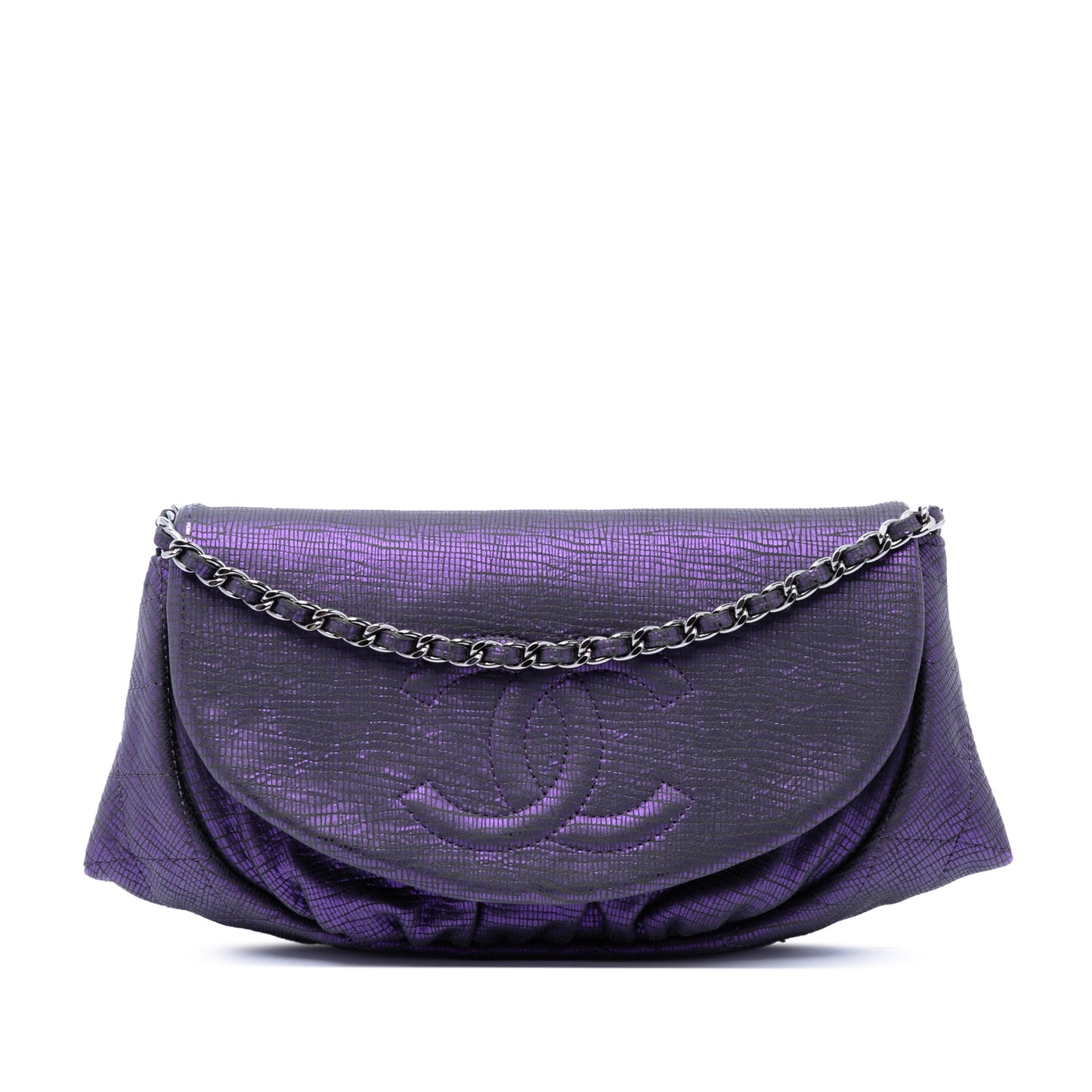 Chanel CC Metallic Crackling Lizard Printed Leather Half Moon Preloved Wallet on Chain