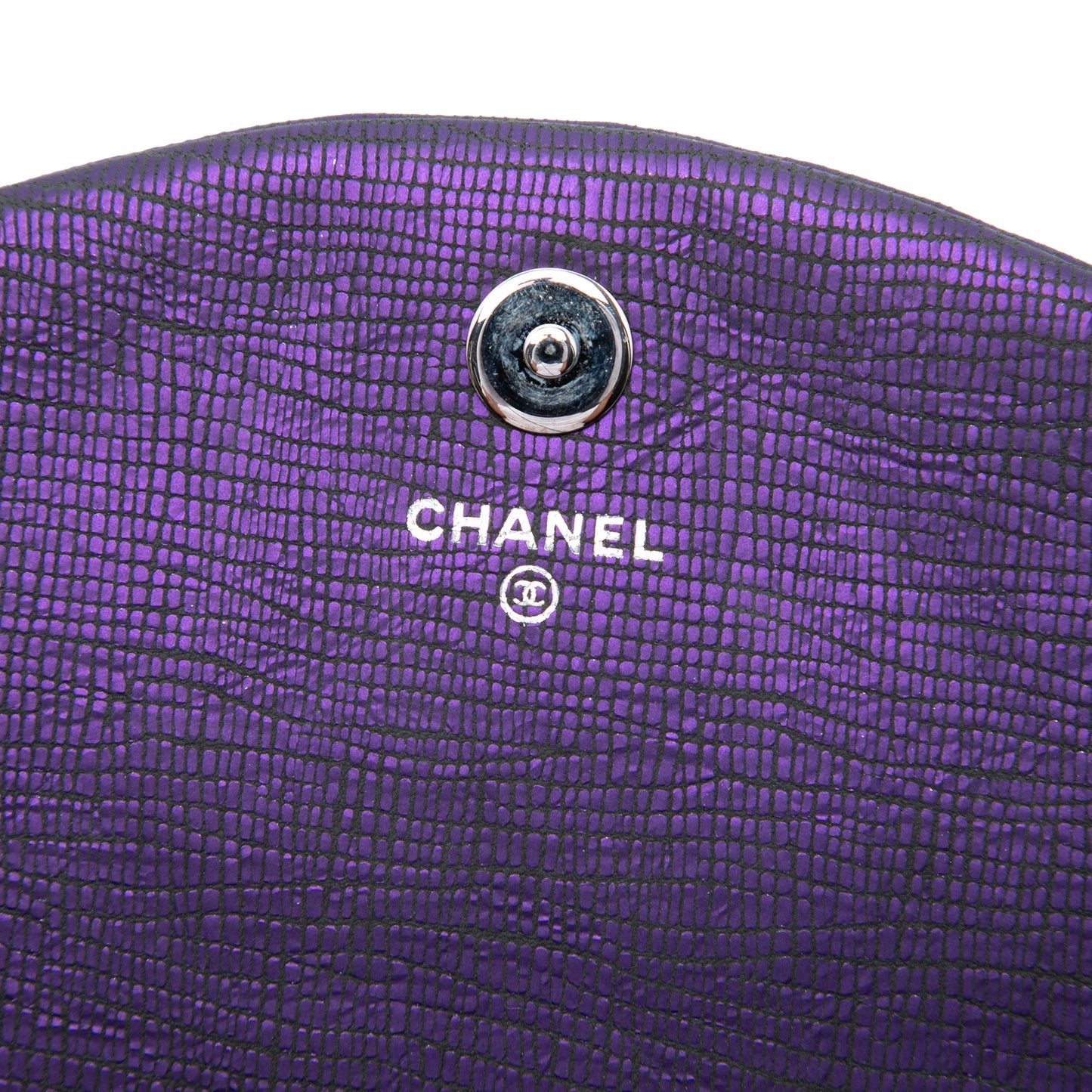 Chanel CC Metallic Crackling Lizard Printed Leather Half Moon Preloved Wallet on Chain