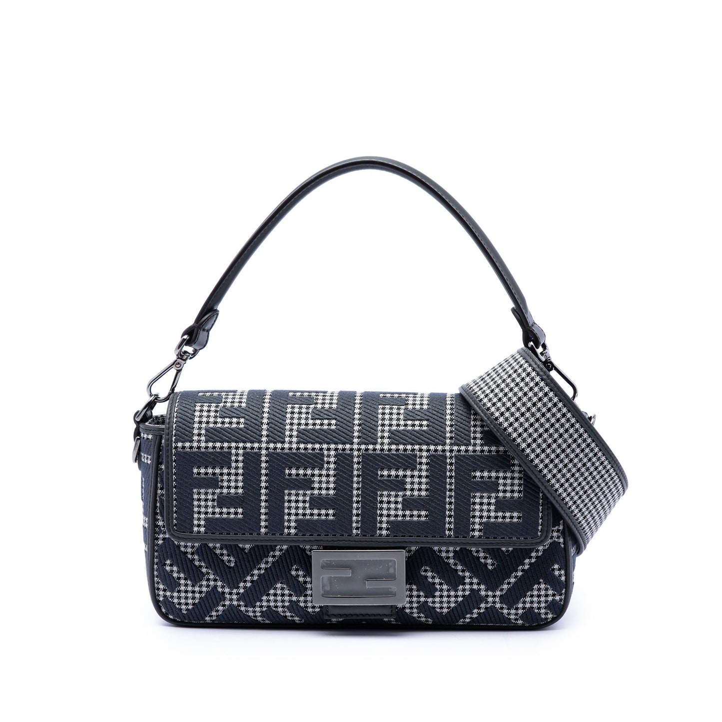 Fendi FF Embroidered Wool Houndstooth used Baguette Bag
