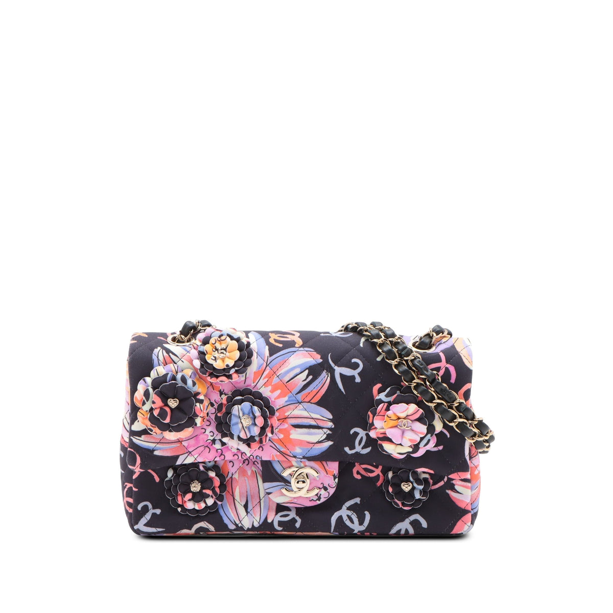 Chanel Medium Quilted Printed Jersey Camellia Applique Single Flap
