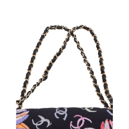 Chanel Medium Quilted Printed Jersey Camellia Applique Single Flap