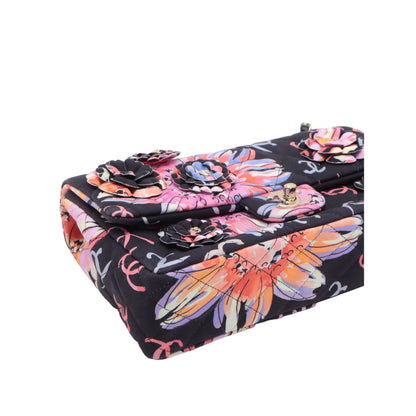 Chanel Medium Quilted Printed Jersey Camellia Applique Single Flap
