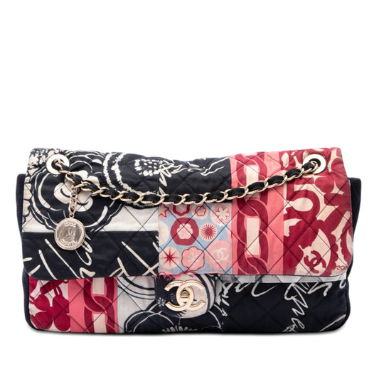 Chanel Jumbo Printed Nylon and Jersey Patchwork Single Flap Bag