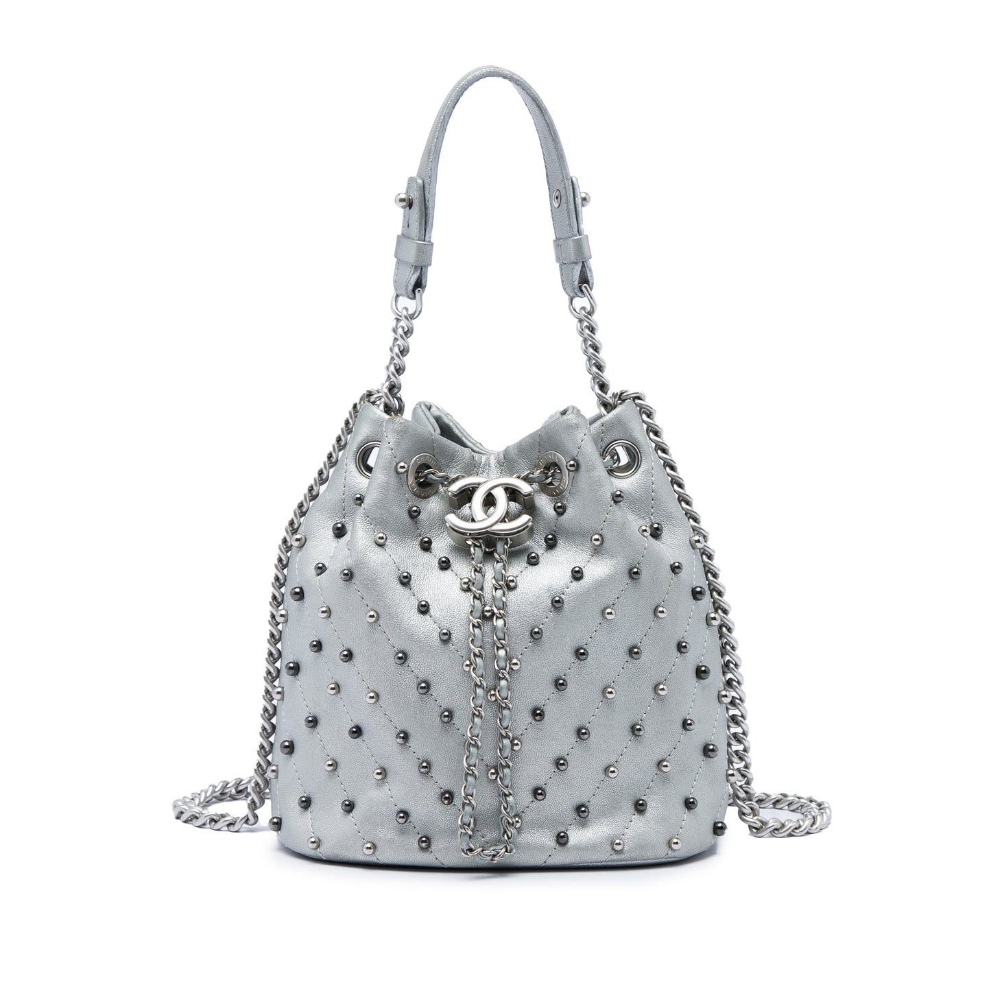 Chanel Small Metallic Chevron Lambskin Stud Wars Drawstring Bucket Bag